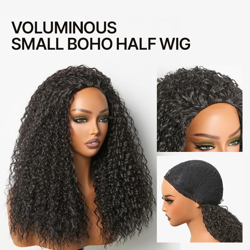 Frodio 18-Inch Kinky Curly Half Wig with 200% Density, Glueless, Boho Waves