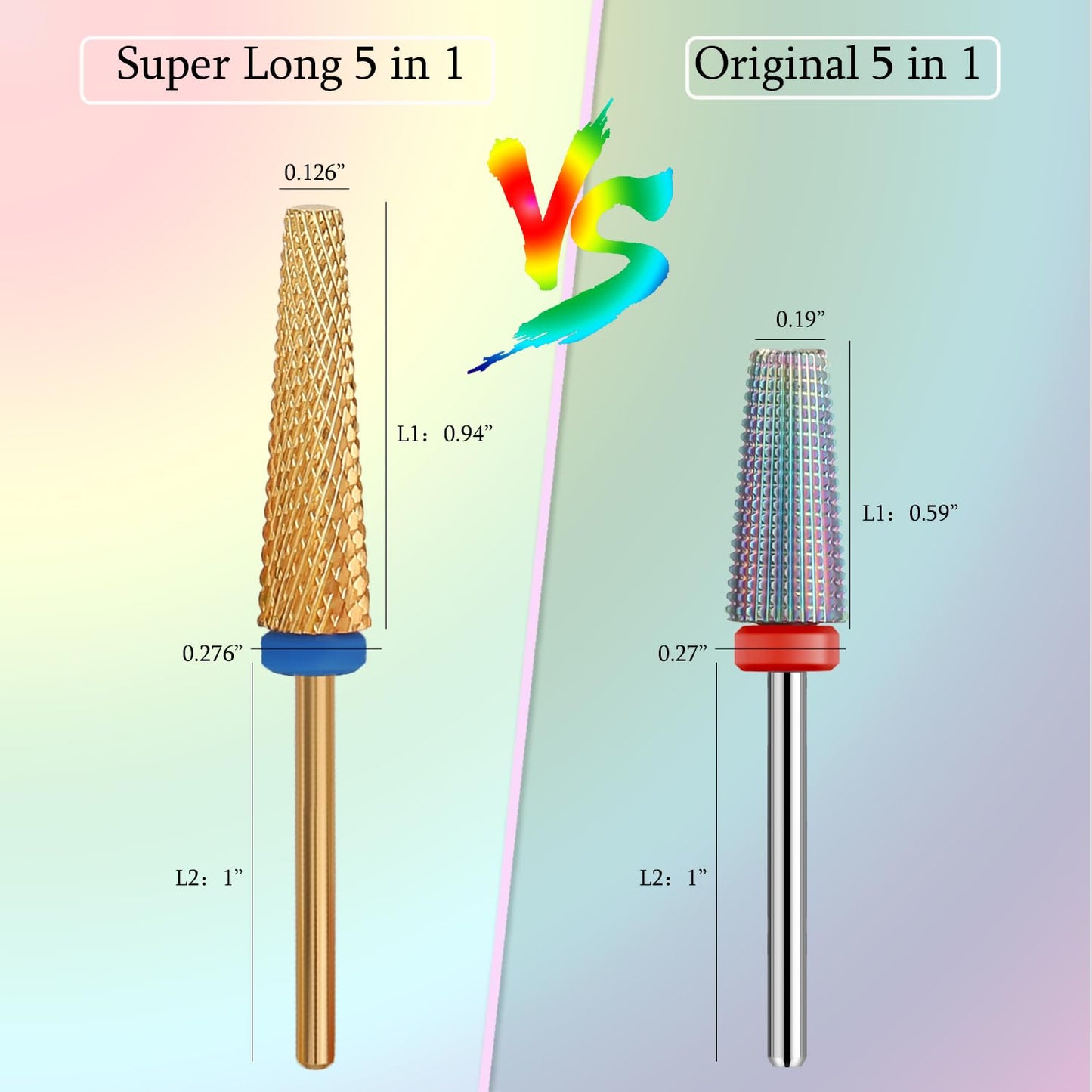 ERUIKA Super Long 5 in 1 Nail Drill Bits, Professional 3/32'' Carbide Tungsten Two Way Rotary Nail Cleaner Nail Bits, Suitable for Manicure Pedicure Cuticle Gel Polishing Acrylic Nails(Gold, Medium-M)