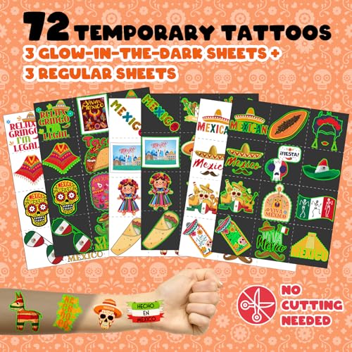 96 PCS Mexican Fiesta Party Favors ? 72 Glow & Regular Tattoos + 24 Slap Bracelets, Perfect for Cinco de Mayo, Birthdays & Cultural Celebrations