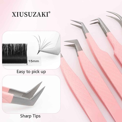 Lash Tweezers For Eyelash Extensions Fiber Tip Lash Tweezers Pink Straight/Curved Tweezer(Pink,X04)