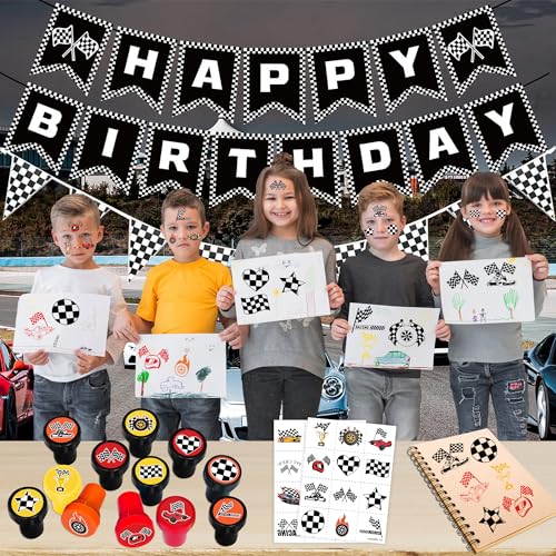 36PCS Checkered Flag Party Favors - 24PCS Temporary Tattoos & 12PCS Stamps - Ideal Black and White Race Flag Themed Birthday Card Decorations Supplies Goodie Bag Cute Rewards for Boys Girls Gifts