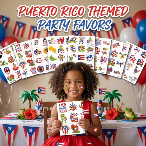 96PC Puerto Rico Temporary Tattoos for Kids | Waterproof Party Favors