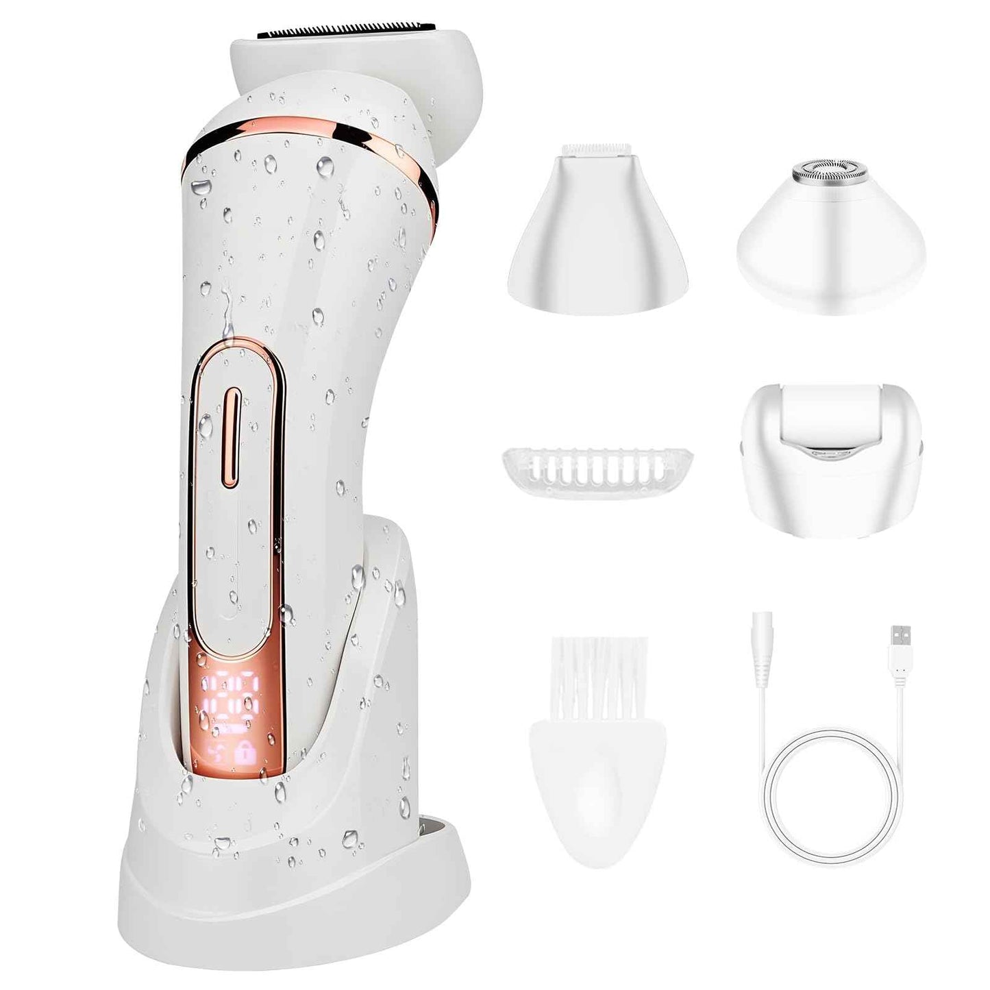 Electric Shavers for Women, 4 in 1 Hair Removal Kit with Epilator Bikini Trimmer Face Razor Body Brush Face Massager Foot Callus Remover, IPX7 Waterproof Lady Razors Set for Legs Armpit Bikini Pubic