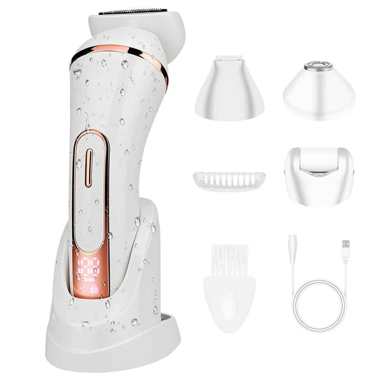 Electric Shavers for Women, 4 in 1 Hair Removal Kit with Epilator Bikini Trimmer Face Razor Body Brush Face Massager Foot Callus Remover, IPX7 Waterproof Lady Razors Set for Legs Armpit Bikini Pubic