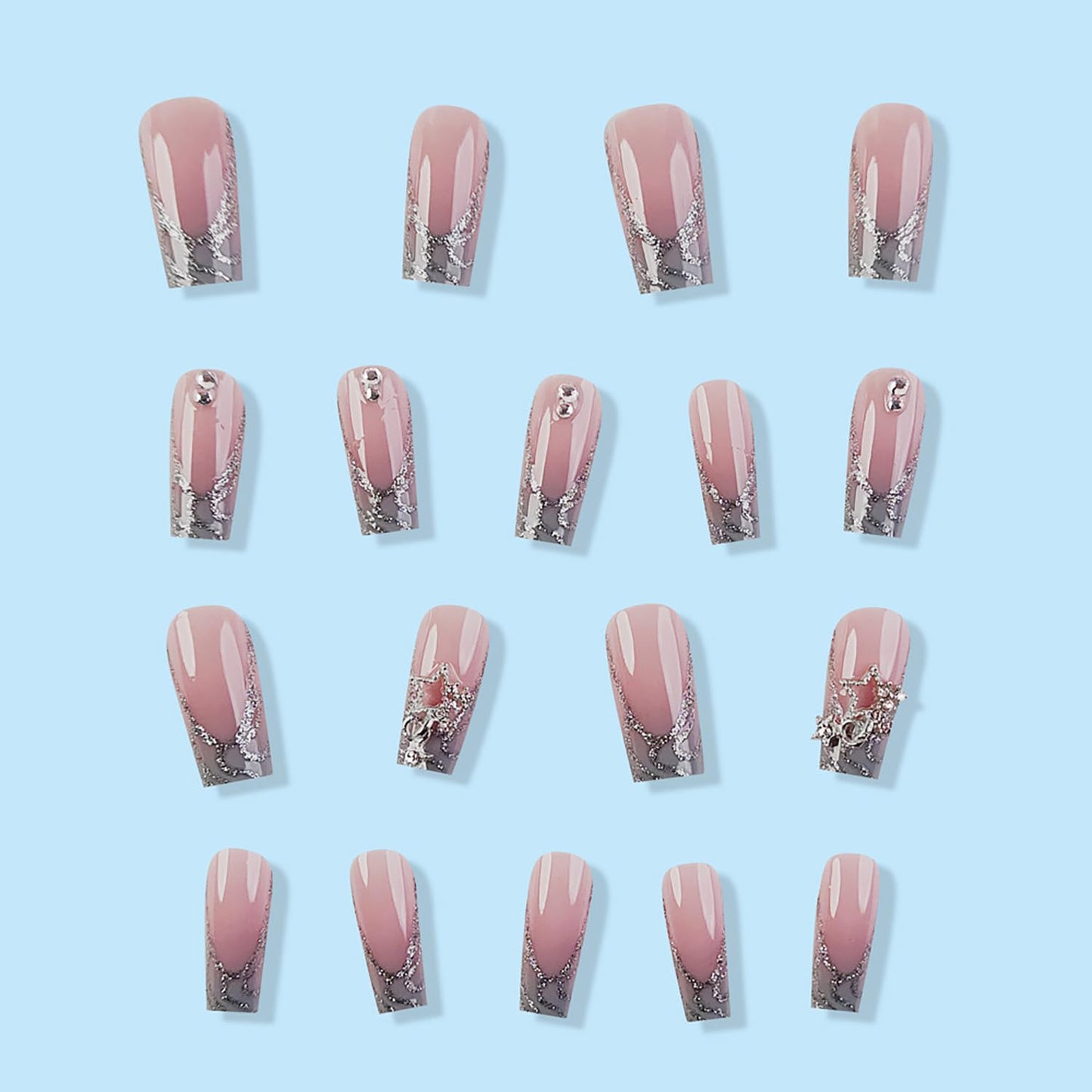 Long Square Press on Nails French Tip Fake Nails Gray Gradient Full Cover Star Charm False Nails with Glitter Swirl Designs Glossy Glue on Nails Acrylic Nails Handmade Nails for Women Girls 24Pcs