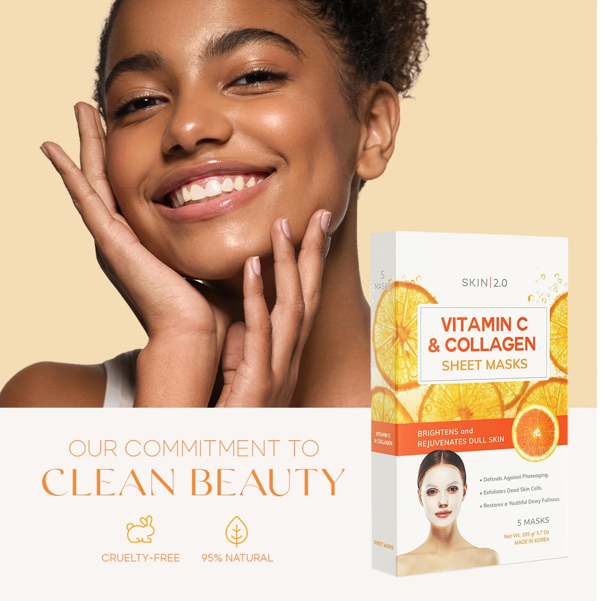 Skin 2.0 Vitamin C and Collagen Sheet Face Mask - Reduce Wrinkles & Age Spots, Moisturize, Hydrating Sheet Mask - Korean Skin Care - All Skin Types - 5 Masks