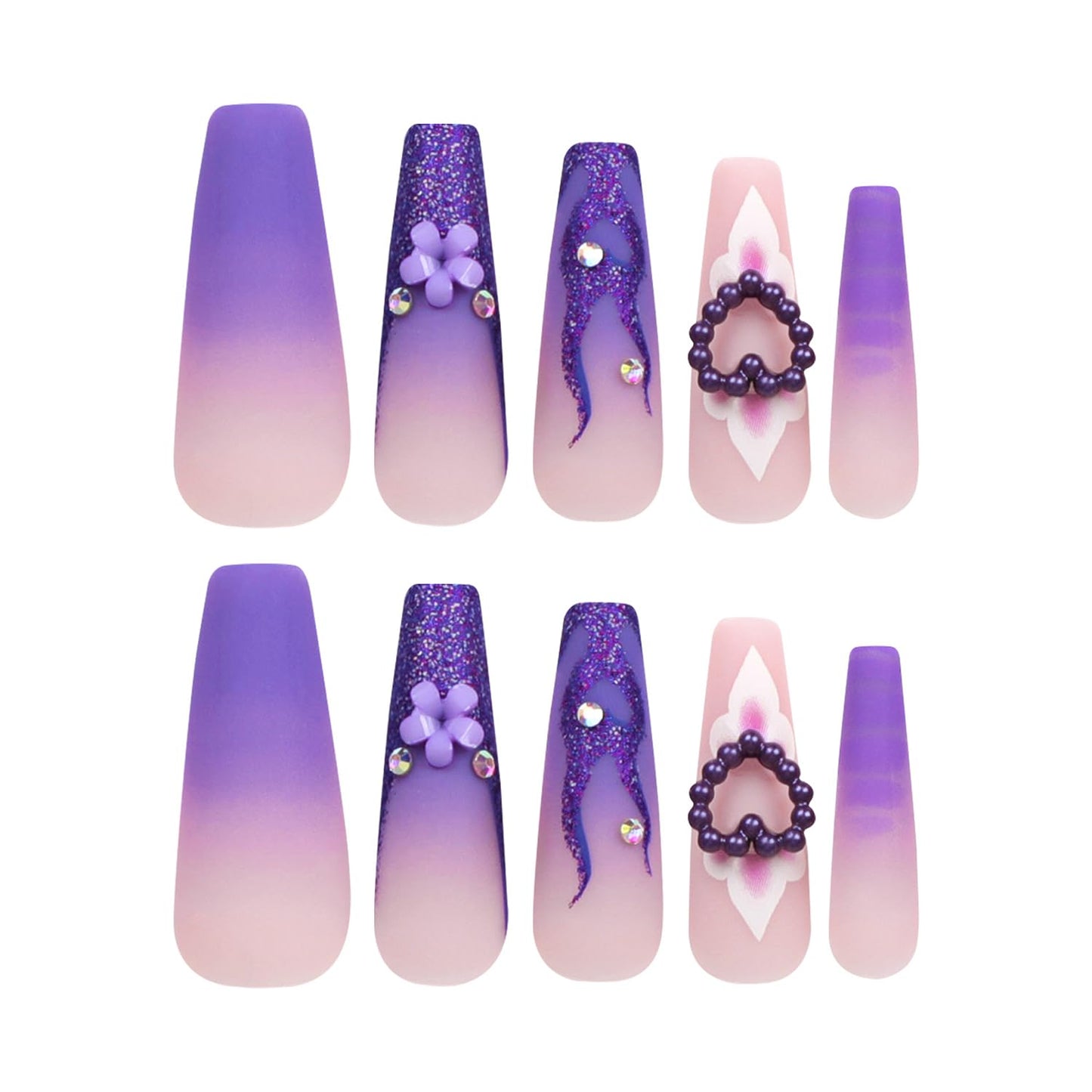 24Pcs CEWEWP Purple Press on Nails Long Coffin Fake Nails Flash Powder False Nails with Pearl Charm Nails Rhinestone Design Glossy Stick on Nails for Women