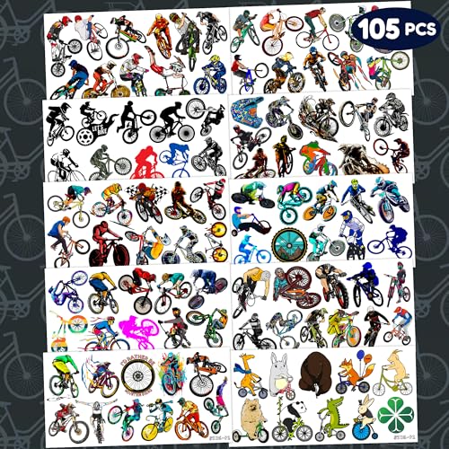 105 PCS Bike Temporary Tattoos Birthday Party Decorations Supplies Favors Black Bycicle Street Mountain Road Bike Sports Decor Stickers For Boys Girls Gift School Prizes Rewards