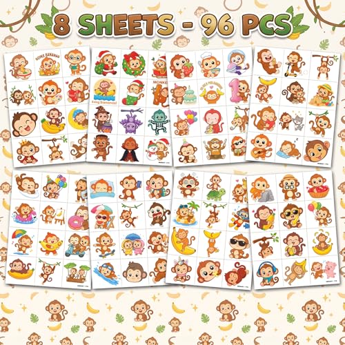 96 Monkey Temporary Tattoos for Kids - Jungle Animal Designs
