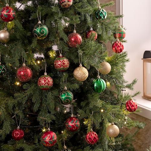 Valery Madelyn Christmas Tree Decorations Set, 9ct Red Green and Gold Shatterproof Christmas Ball Ornaments Bulk, 2.76 Inches Traditional Country Hanging Ornaments for Christmas Trees Xmas Decor