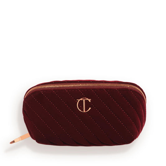 Charlotte Tilbury Medium Travel Makeup Bag of My Dreams - Quilted Velvet Skincare, Fragrance & Cosmetic Organizer with 3 Compartments & Zip Pocket - Iconic Night Crimson Toiletry Bag