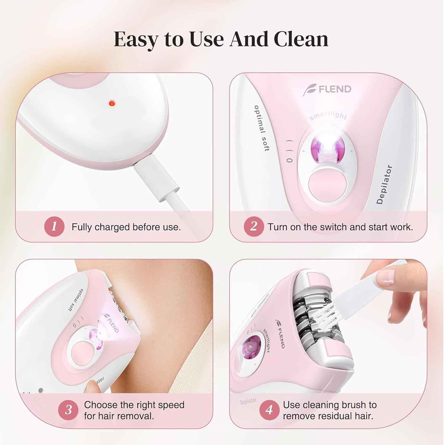 Smooth Glide Epilator for Women, 2 Speeds Facial Hair Removal Device with LED Light, 36 Tweezers & Massage Pad. Rechargeable Facial Hair Removal Epilator for Bikini, Arms, Legs, and Face