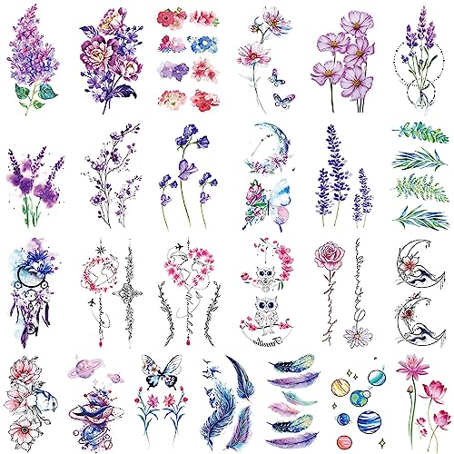 Black Floral Temporary Tattoos - 48-Pack Waterproof Fake Tattoos