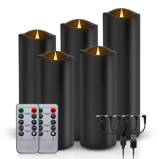 ALED LIGHT Black Real Wax Rechargeable Flameless Candles Flickering Realistic,Rechargeable LED Pillar Candles with Remote for Home Decor Idea Gift，Pack 5(D 2.2”X H 5”5.5”6”7”8”)