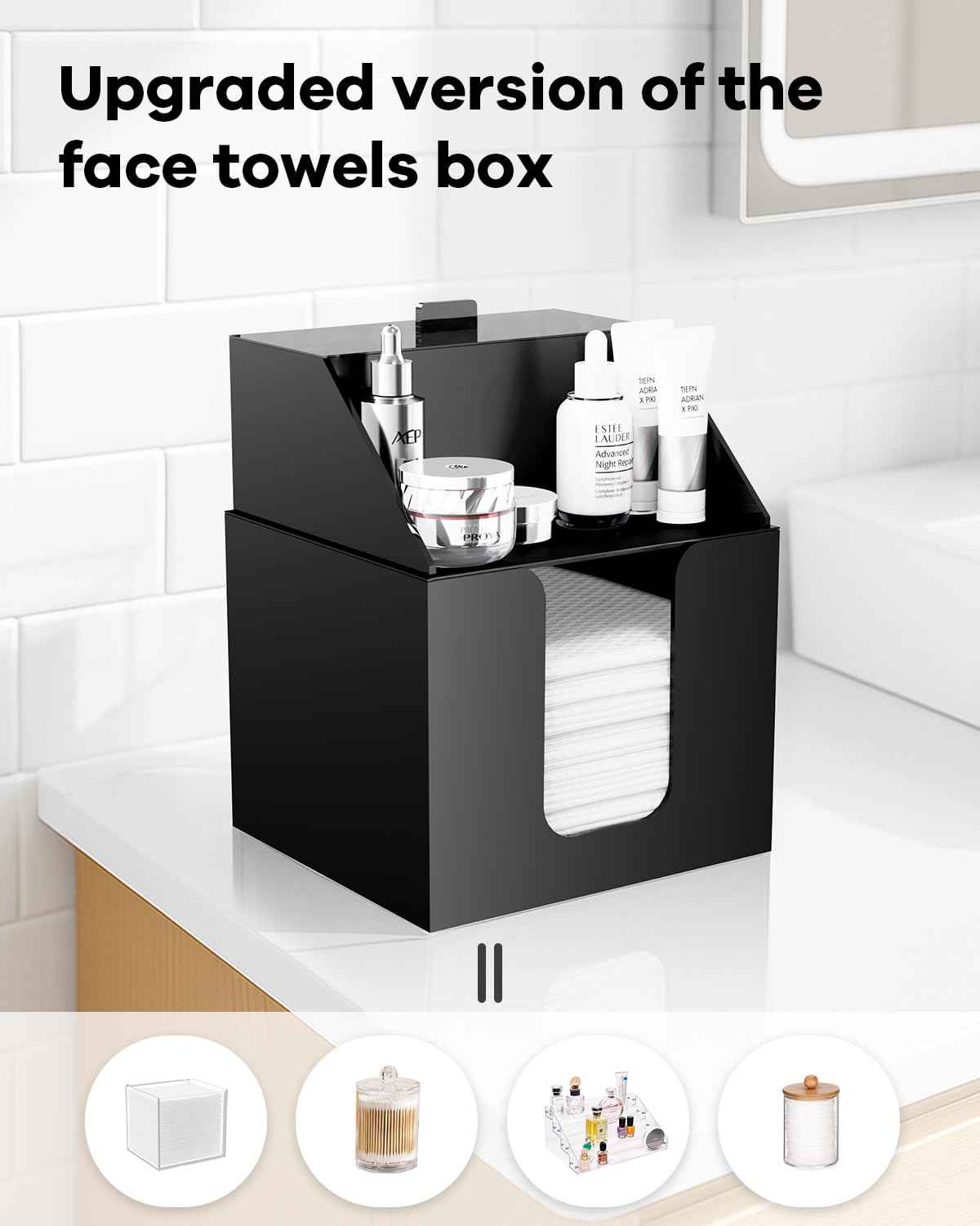 TAINESS Disposable Facial Towels Storage Box Compatible with Clean Skin Club Clean Towel XL - Cotton Pads - Swabs Upgraded Double Layer Acrylic Storage Container Face Towel Holder (Matte Black)