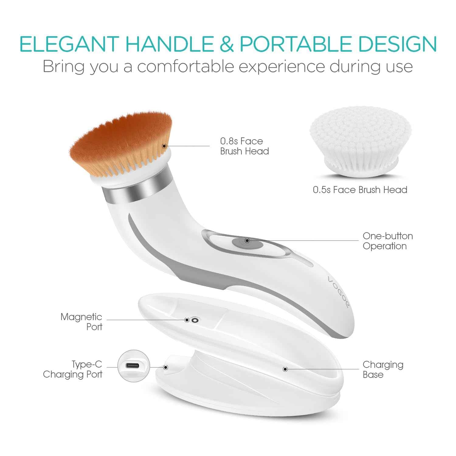 VOGOE Facial Cleansing Brush-Spin Face Scrubber Exfoliator Rechargeable, 2-Speed Rotation, Electric Face Wash Brushes for Cleansing and Exfoliating, with 2 Brush Heads, Grey