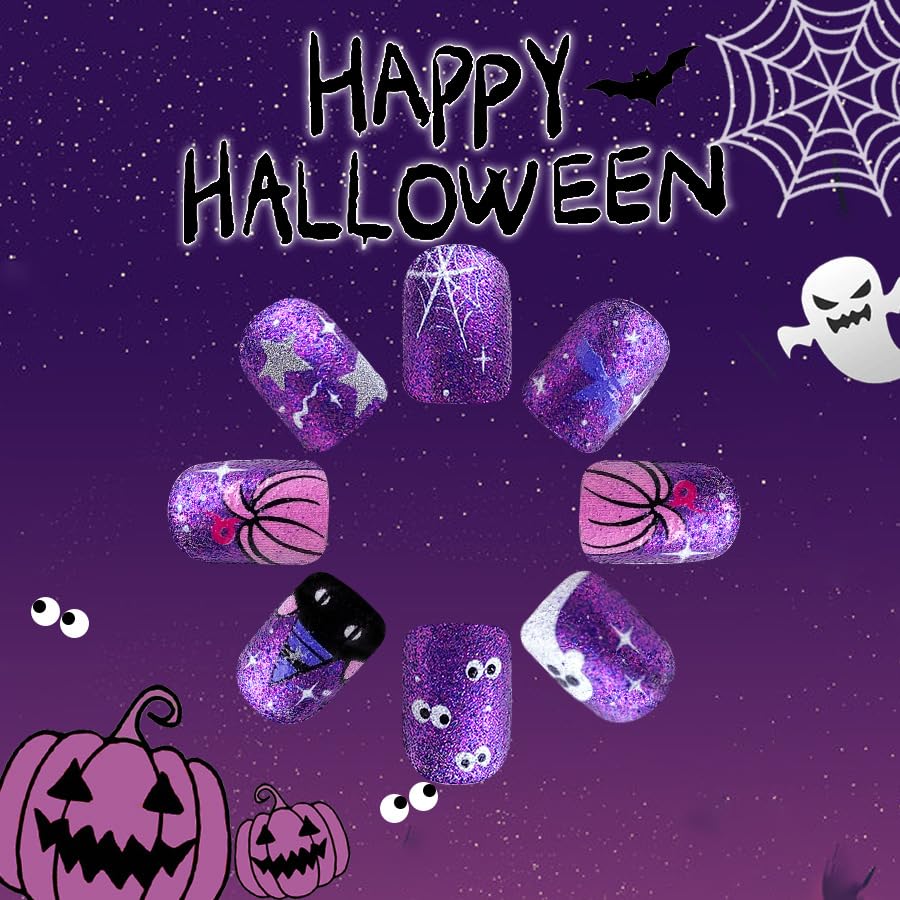 Halloween Press on Nails Short Square Fake Nails with Glitter Designs, Glossy Acrylic Nails Cute Ghost Nails Halloween Nails Purple Press on Nails Stick on Nails for Women Girls 24Pcs