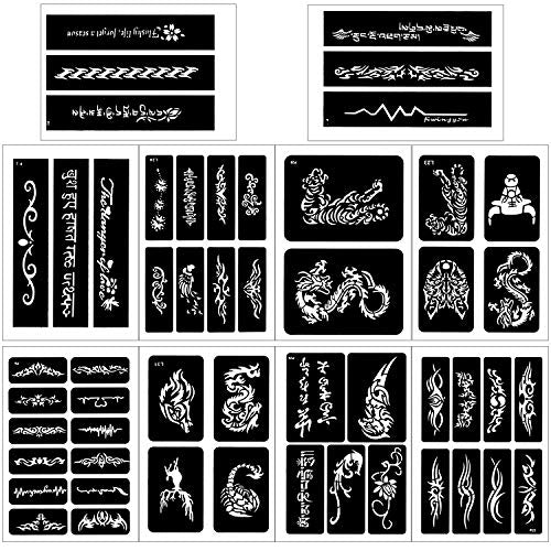 Konsait 123pcs Large Temporary Tattoos Stencils, 20 Sheets Man Glitter Tattoo Kit Templates Face Painting Stencil Body Art Stencil Pack for Adults Women