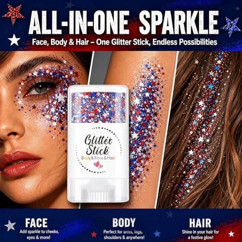 Patriotic Glitter Sticks - Red White Blue Makeup (2PCS)