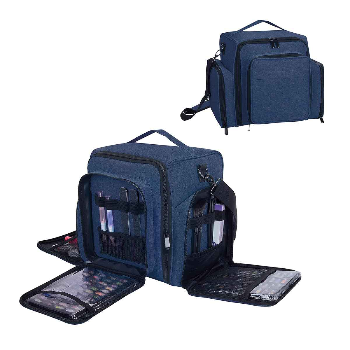 UOZL Nail Polish Organizer Case Holds 60 Bottles Portable Travel Storage Box with 2 Detachable Bags, Designed for Women's Nail Tools, Essential Oils and Cosmetics Sets Blue