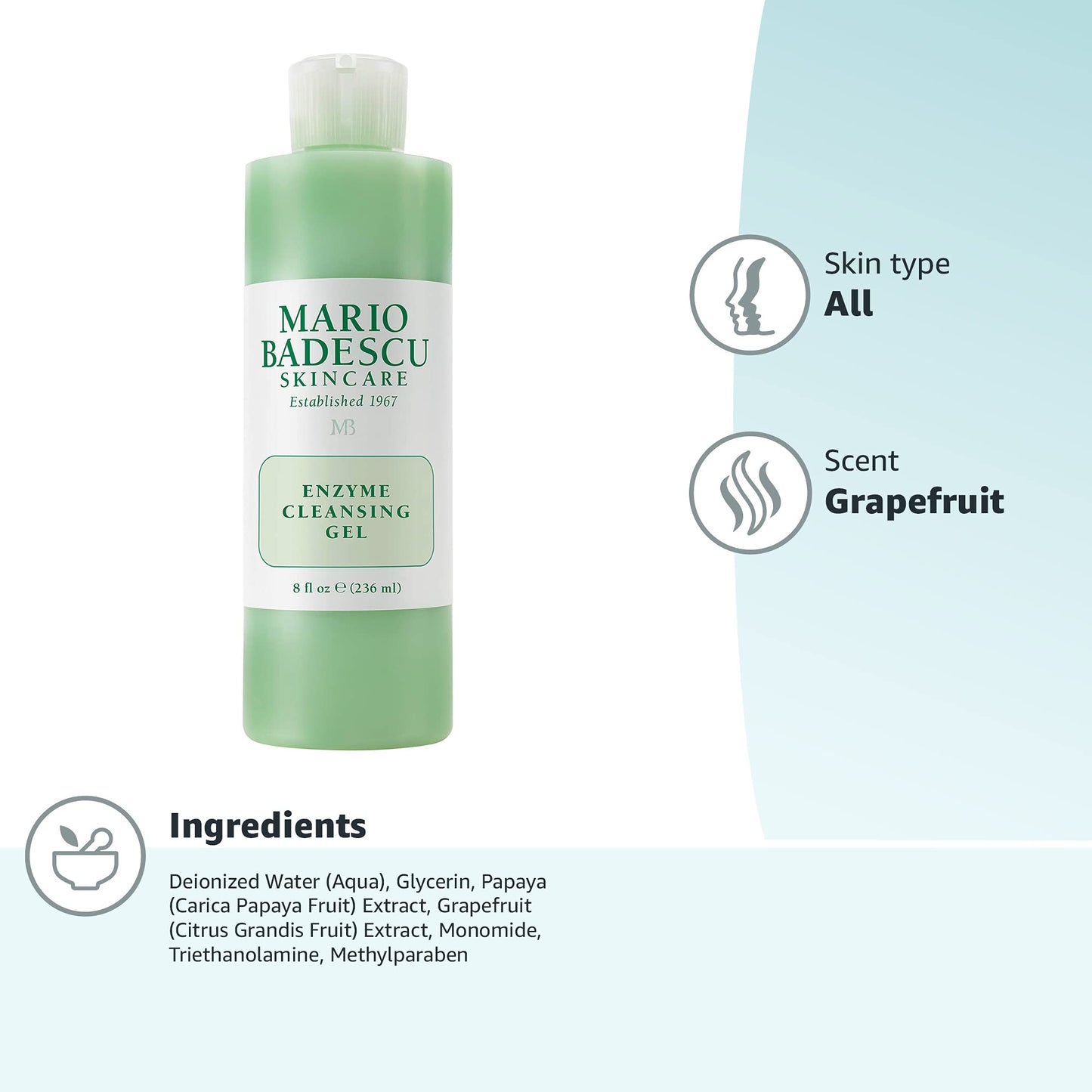 Mario Badescu Enzyme Cleansing Gel for All Skin Types| Oil-Free Face Wash with Grapefruit & Papaya Extract | Remove Excess Oil & Surface Impurities 8 Fl Oz