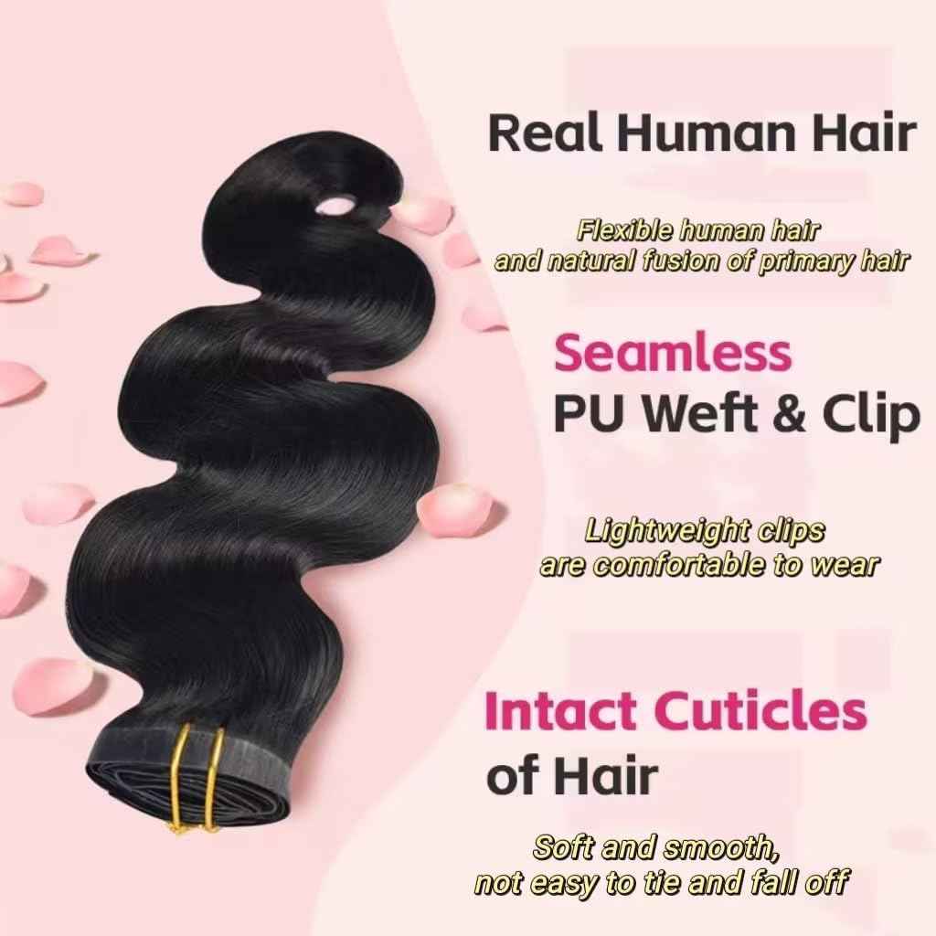 MYouan Seamless Body Wave Clip Ins PU Weft Clip In Hair Extensions Real Human Hair Clip Ins 16Inch 100% Unprocessed Human Hair Extensions 8pcs/set (20Clips120g)