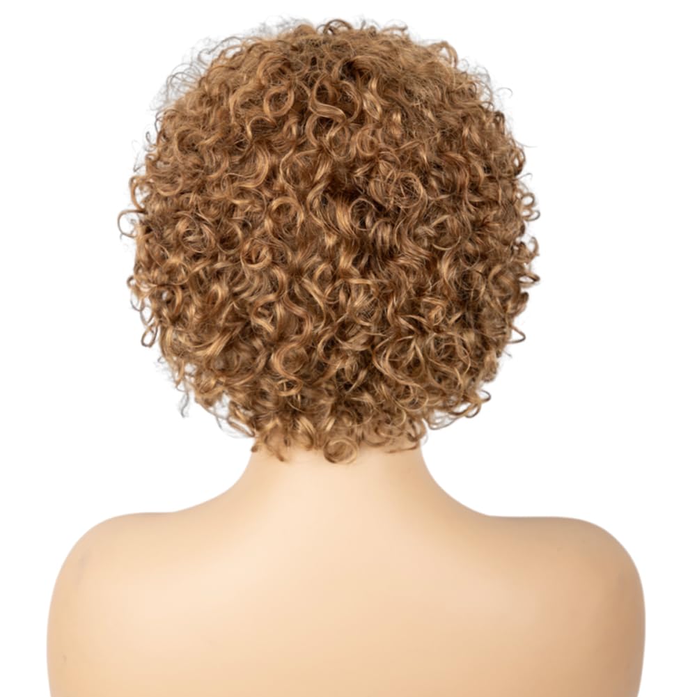 BEOTTI Short Curly Human Hair Wigs with Bangs Pixie Cut Wig Human Hair Afro Curly Wig Human Hair 6 Inch Full Machine Glueless Wigs Human Hair (30#, 6 Inch)