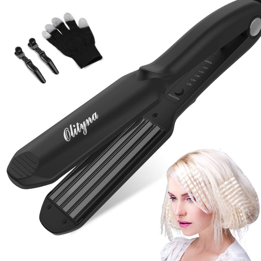 Olityna Crimper Hair Iron,1.5” Wide Ceramic Plates Texture Hair Crimper for Waver Volumizing Fluffy Hairstyle,with 5 Heat Settings & 60 Min Auto Off(Black)