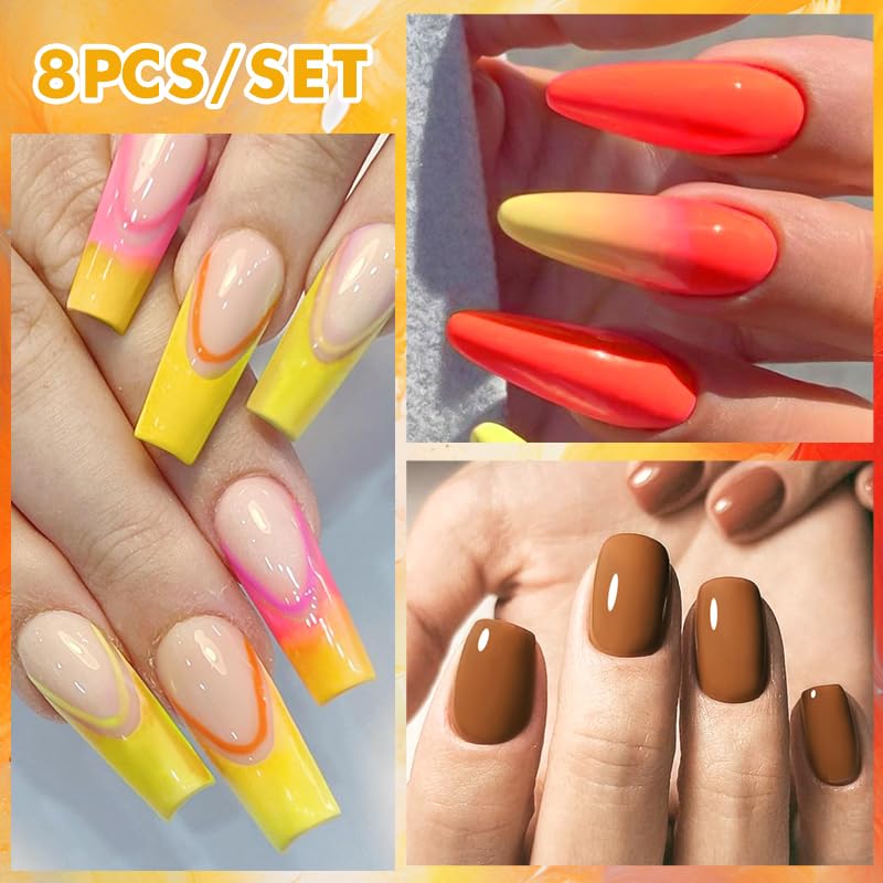 MEET ACROSS 8PCS Gel Nail Polish Set, Fall Winter Colors Orange Brown Maple Leaf Gel Nail Polish Soak Off UV DIY Manicure Holiday Nail Art Gift for Girls