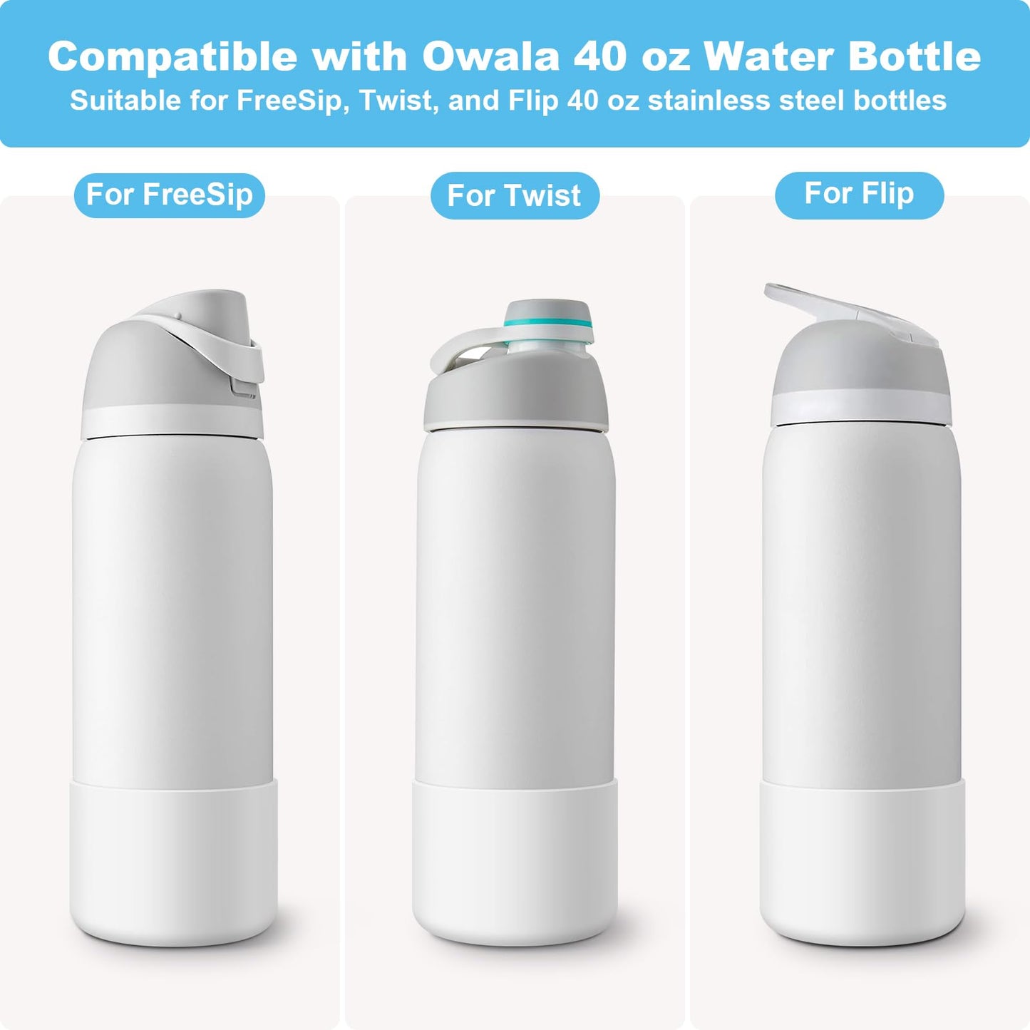 Alwenid 2PCS Silicone Water Bottle Boot for Owala 40 Oz, Anti-Slip Protective Sleeve Bottom Bumper Protector for FreeSip, Twist, and Flip Stainless Steel Water Bottles (White)