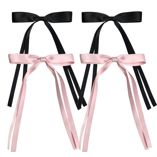 SALOCY Hair clip for Women Girls, 4 PCS Hair Bows Clips With Long Tail, Big Ribbon Bows Satin Hair Clip for Hair Design (Pink+Black)