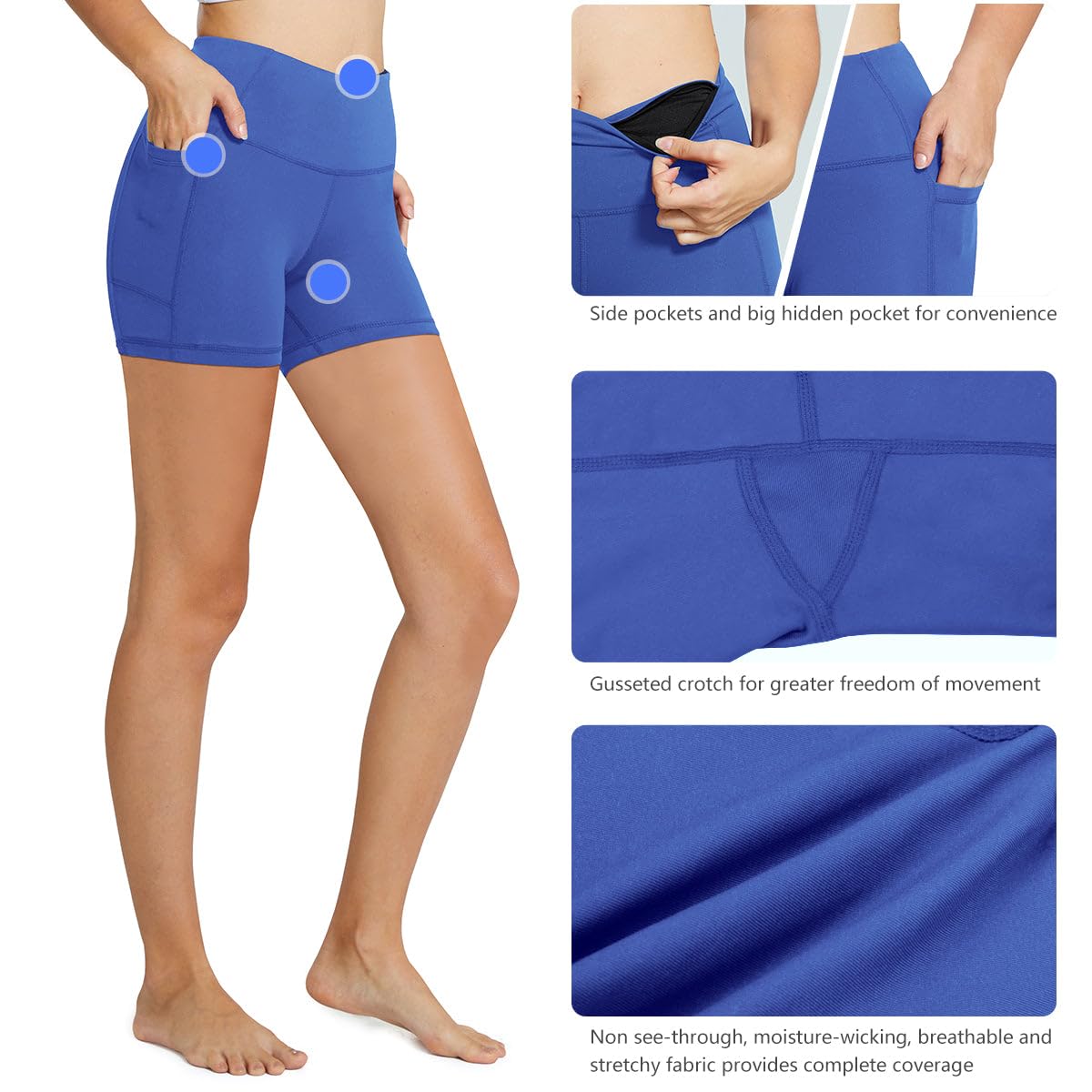 BALEAF Biker Shorts Women Yoga Gym Workout Spandex Running Volleyball Tummy Control Compression Shorts with Pockets 5" Earth Blue XS