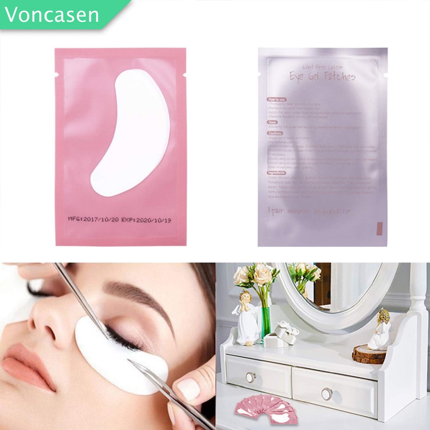 Voncasen 100 Pairs Set Gel pads for eyelash extensions, Comfy and Cool Under Eye Pads for Eyelash Extensions Eye Patches Beauty Tool