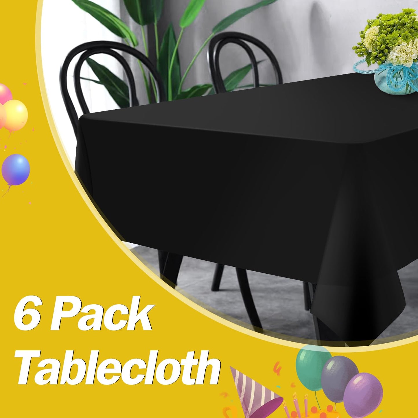 tujol Black 6 Pack Plastic Table Cloth 54" x 108", Disposable Tablecloths Rectangle Table Cover, Plastic Table Cloths for Parties