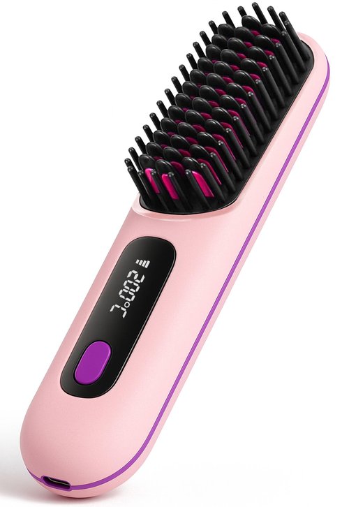 Numoya Go Brush Pro - 2025 Upgrade Portable Straightener Brush for Travel, Cordless Hair Straightener Comb for Women, Pink