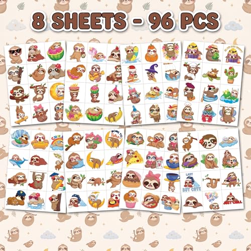 96 Pcs Cute Sloth Temporary Tattoos for Kids