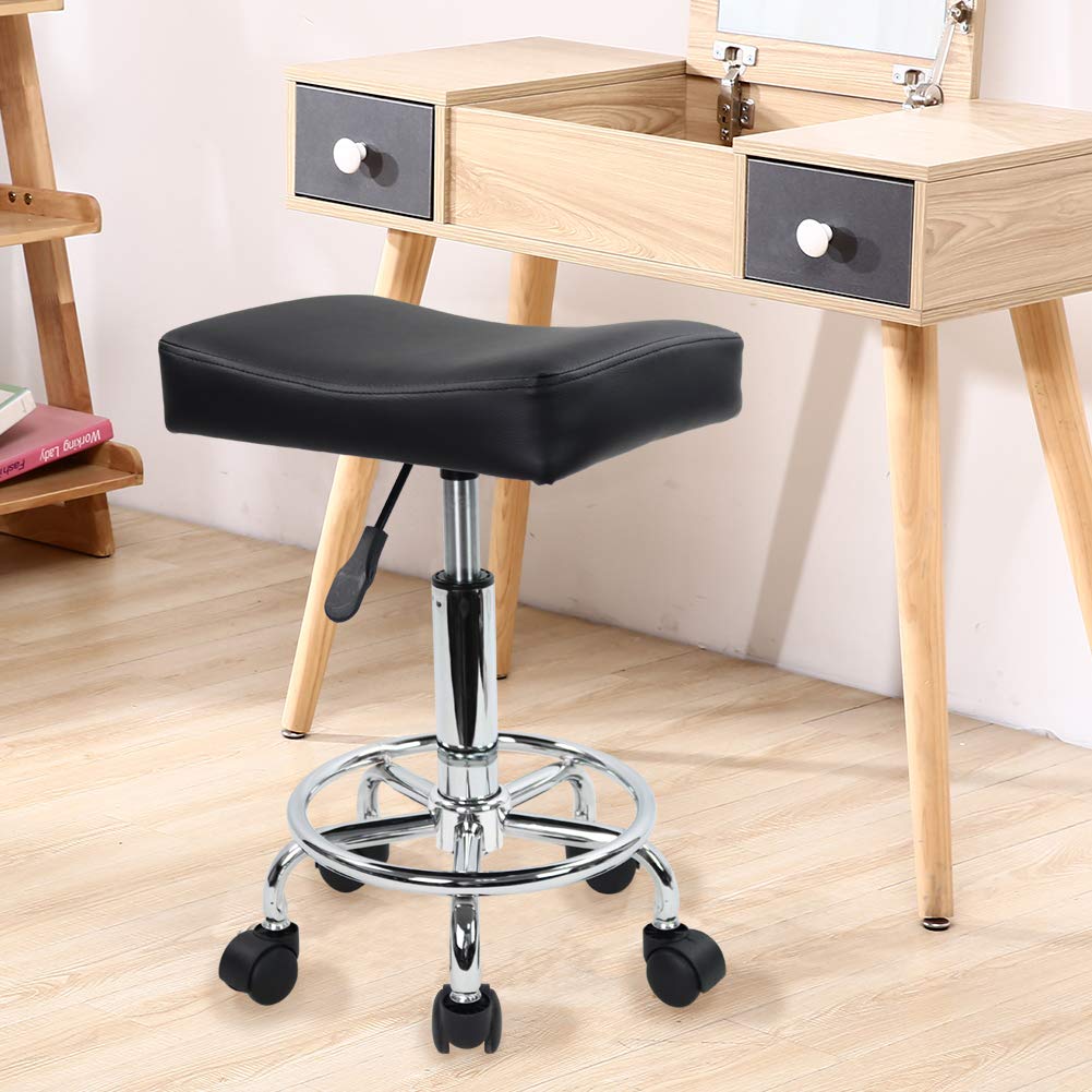 KKTONER Square Rolling Stool PU Leather Height Adjustable Swivel Massage SPA Salon Stools Task Chair with footrest (Black)