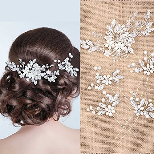 Wedding Hair Comb & 4 Bridal Pins Crystal Pearl Set