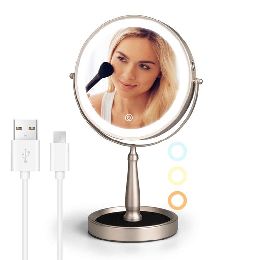 SEAEMIKO 9" Makeup Mirror with Lights, Rechargeable 1x/10x Magnifying Mirror with 3 Colors, 360° Rotation Double Sided Rechargeable Desk Cosmetic Mirror Touch Dimming LED Lighted Makeup Mirror Nickel