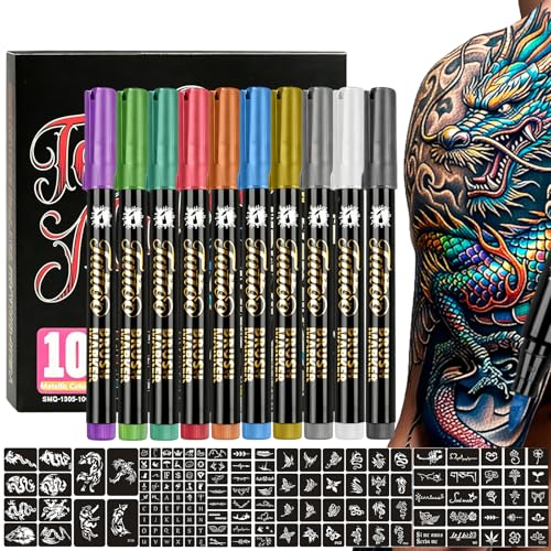Joyeee Metallic Temporary Tattoo Markers 10 Colors with 139 Stencils