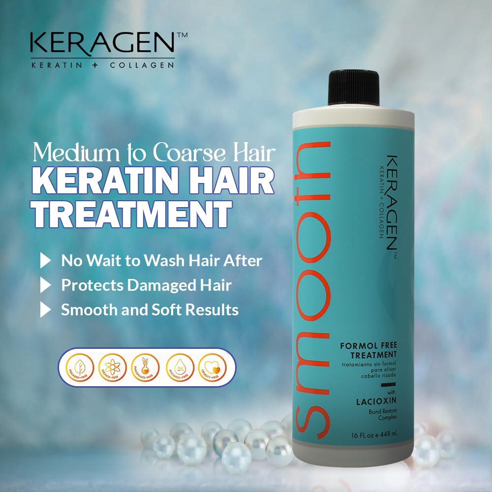 KERAGEN - Brazilian Keratin Smoothing Treatment, Blowout Straightening System for Dry and Damaged Hair, Formaldehyde Free, 16 Oz - Eliminate Curls and Frizz, Fine to Medium Hair