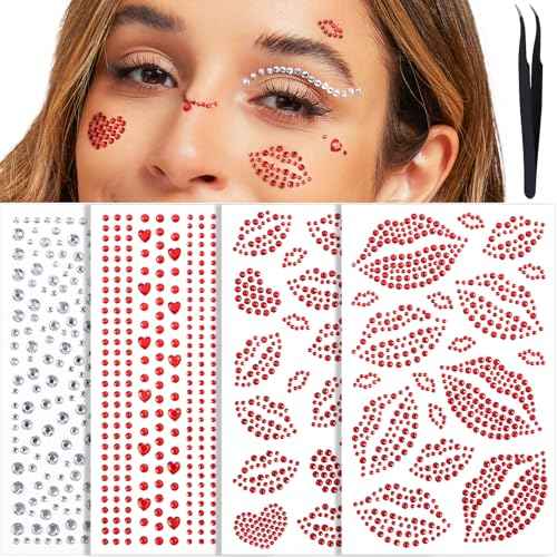 YGDZ Face Gems Self-Adhesive Face Jewels Stickers, Red Lip Hair Gems, Festival Kiss Jewels, Face Rhinestone Stickers for Makeup, Eye, Hair, Body, Rave Accessories, Stick on Gems for Kids, Women