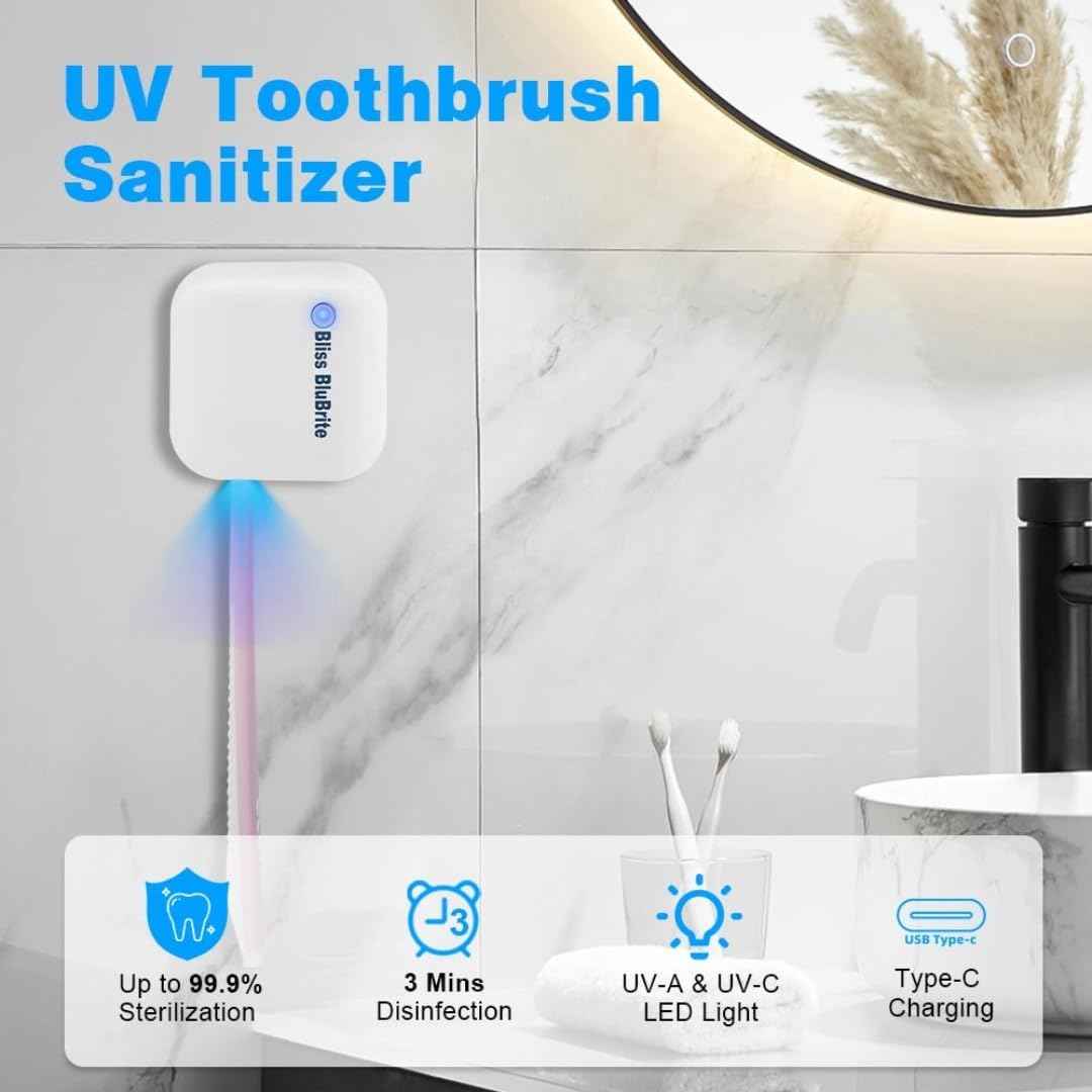 Bliss BluBrite Portable UV-C Toothbrush Sanitizer and Holder – Travel Case for Manual & Electric Toothbrush Heads – UV Light Cleaning Box – USB Rechargeable – Travel-Friendly