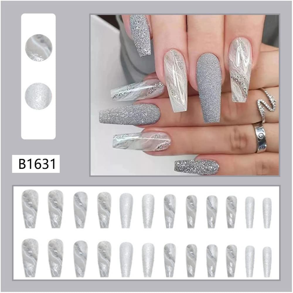 Sparkly Shiny Long Coffin Press On False Nails Medium Length Full Cover Acrylic Fake Nails Ballerina Nails for Women Lady Fashion Nails for Nail Salons and Home DIY Nail Art 24PCS (BKS1631 Gray)