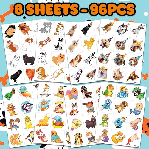 96 Piece Dog Temporary Tattoos for Kids Party Favors