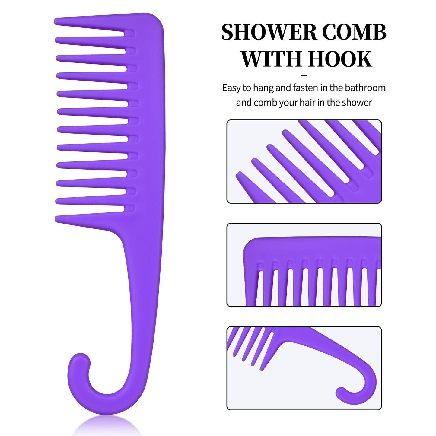 UREELIN 3PCS Wide Tooth Comb and Large Detangler Comb, Shower Comb with Hook,Hair Comb for Textured 3a to 4c Curly/Wet/Dry/Long/Thick Hair（Purple)