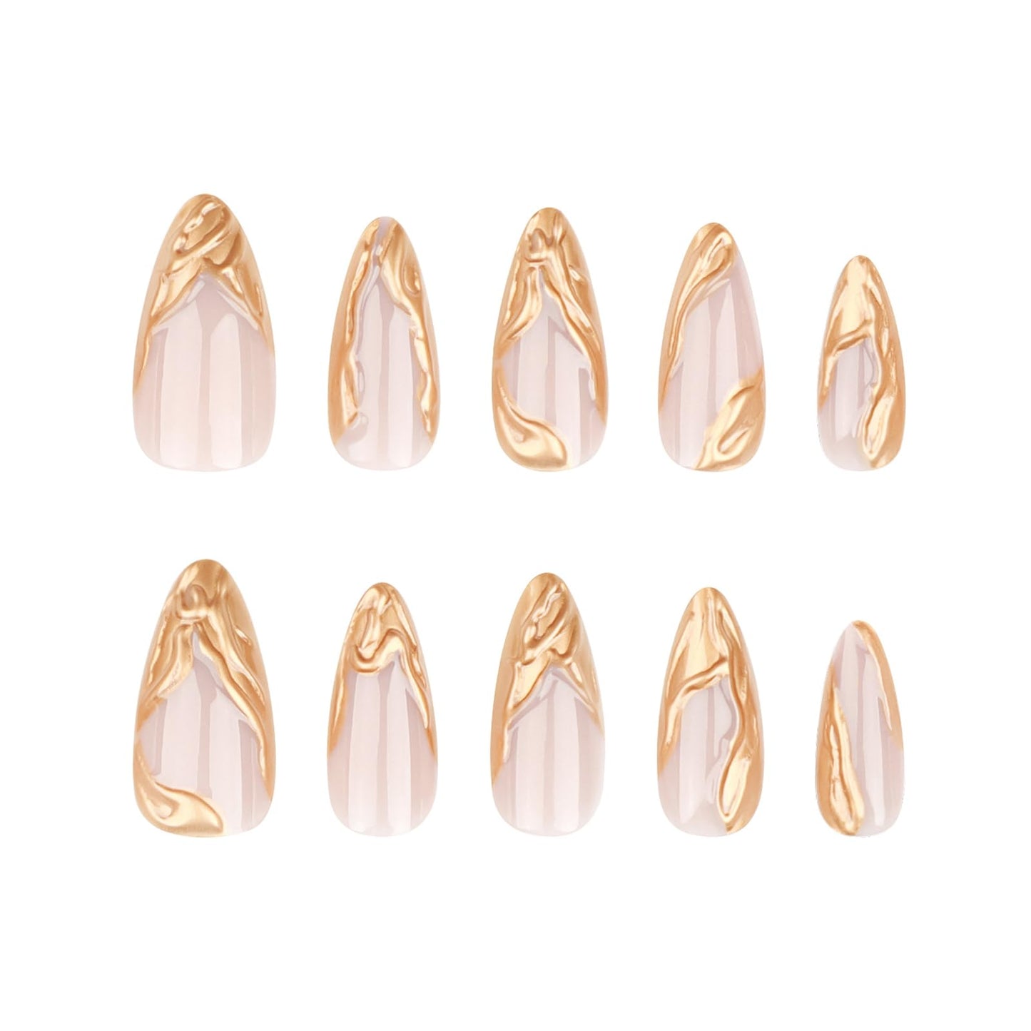 24Pcs Gold Press on Nails French Fake Nails Medium Almond False Nails with Wave Design Shiny Acrylic Nails Stick on Nails for Women Girls Reusable Artificial Nails Full Cover Glossy False Nails