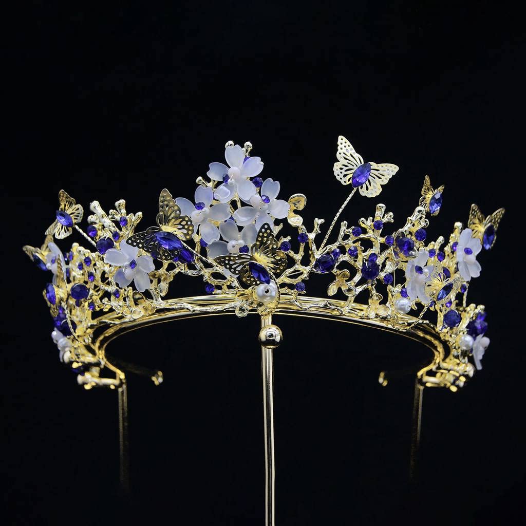 Yunyuebridal Bridal Crown Baroque Pearl Rhinestone Crown And Tiara Butterfly Hairband Wedding Hair Accessories Princess Crown Bride Tiaras (Royal Blue)