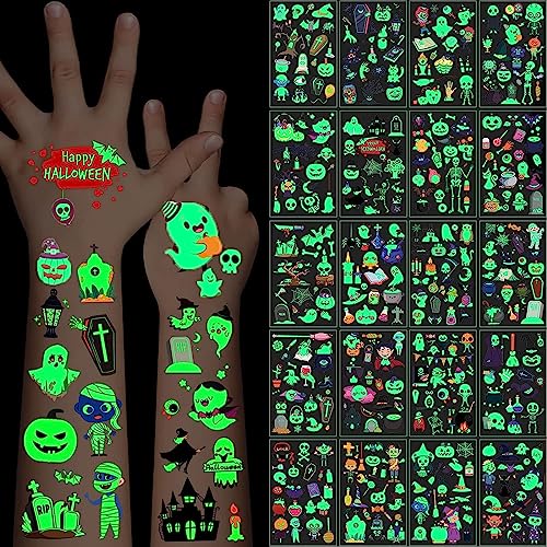 Luminous Halloween Temporary Tattoos for Kids, 360Pcs Halloween Cosplay Face Fake Tattoos, Glow In The Dark Tattoos for Adults, Holiday Party Favor Prizes Goody Bag Stuffers, Body Stickers Decorations