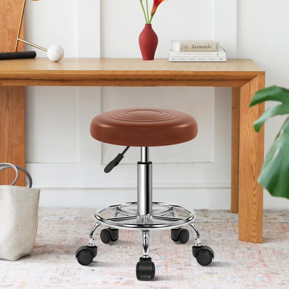 WKWKER PU Leather Stool with Wheels Modern Round Rolling Stool with Footrest 360°Swivel Height Adjustable Stool Chair for Home Work Drafting Spa Salon Massage Beauty Stools Small (Brown)